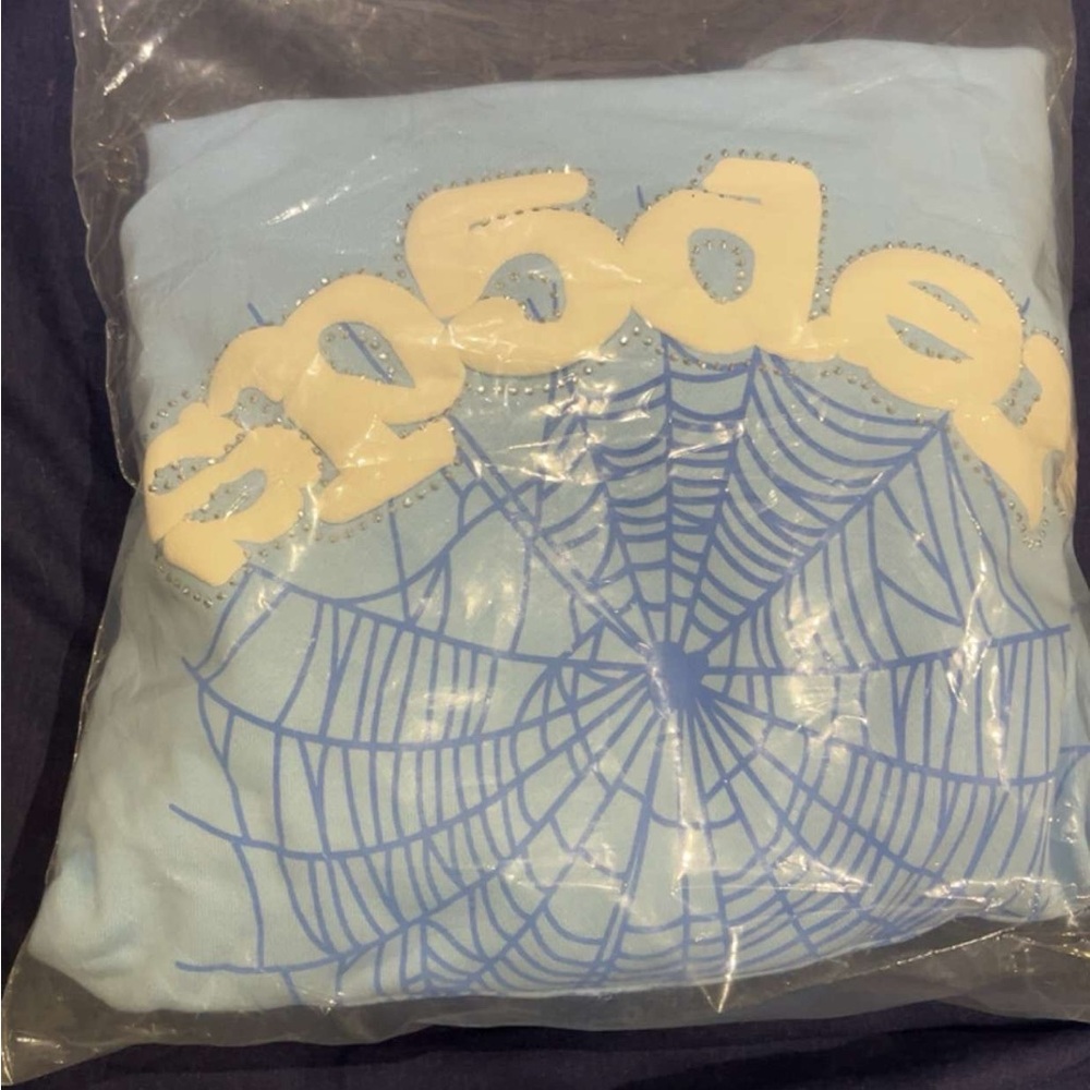 Sp5der Light Blue Rhinestone Graphic Hoodie